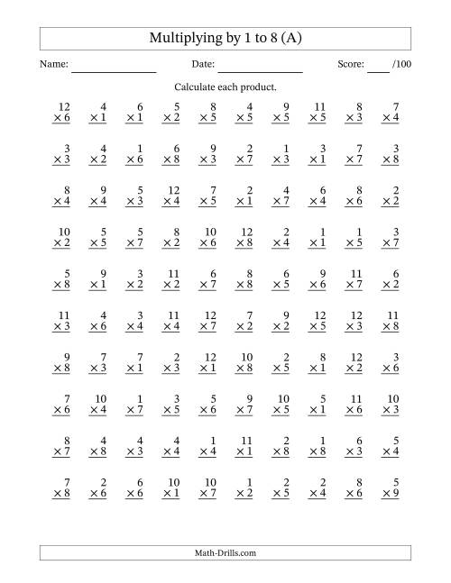 The Multiplying (1 to 12) by 1 to 8 (100 Questions) (All) Math Worksheet