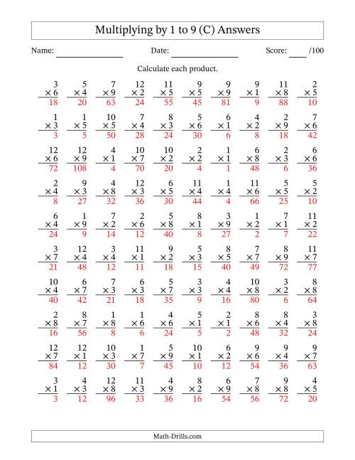 The Multiplying (1 to 12) by 1 to 9 (100 Questions) (C) Math Worksheet Page 2