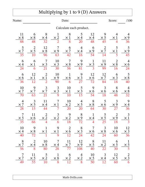 The Multiplying (1 to 12) by 1 to 9 (100 Questions) (D) Math Worksheet Page 2