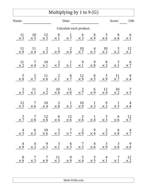 The Multiplying (1 to 12) by 1 to 9 (100 Questions) (G) Math Worksheet