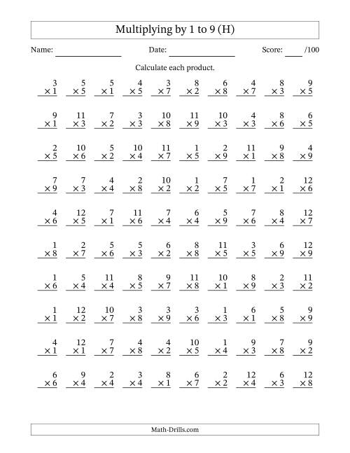 The Multiplying (1 to 12) by 1 to 9 (100 Questions) (H) Math Worksheet
