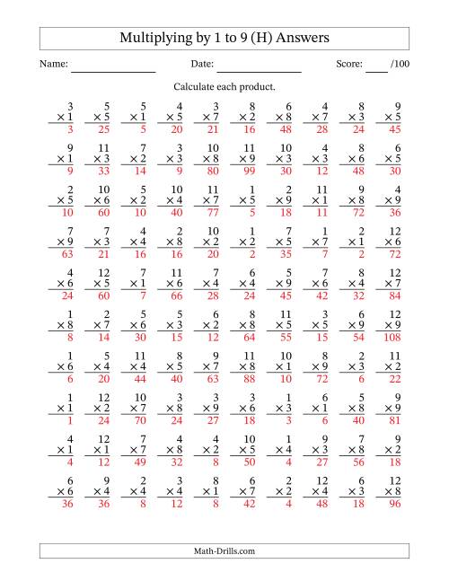 The Multiplying (1 to 12) by 1 to 9 (100 Questions) (H) Math Worksheet Page 2