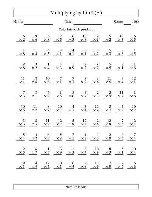 The Multiplying (1 to 12) by 1 to 9 (100 Questions) (All) Math Worksheet