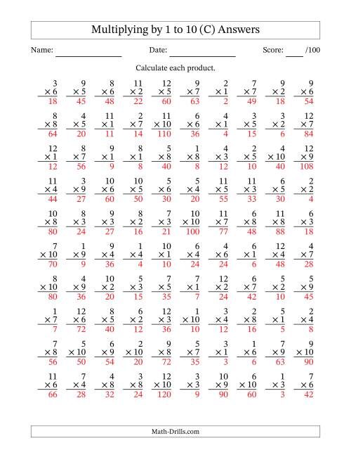 The Multiplying (1 to 12) by 1 to 10 (100 Questions) (C) Math Worksheet Page 2