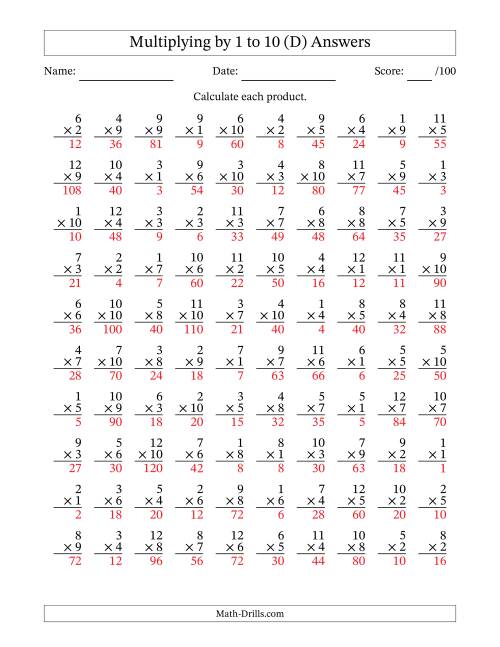 The Multiplying (1 to 12) by 1 to 10 (100 Questions) (D) Math Worksheet Page 2