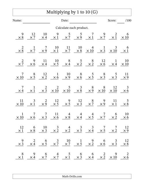 The Multiplying (1 to 12) by 1 to 10 (100 Questions) (G) Math Worksheet