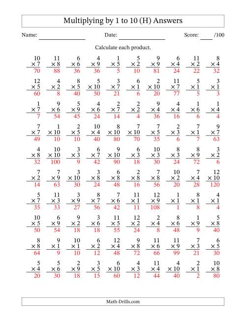 The Multiplying (1 to 12) by 1 to 10 (100 Questions) (H) Math Worksheet Page 2