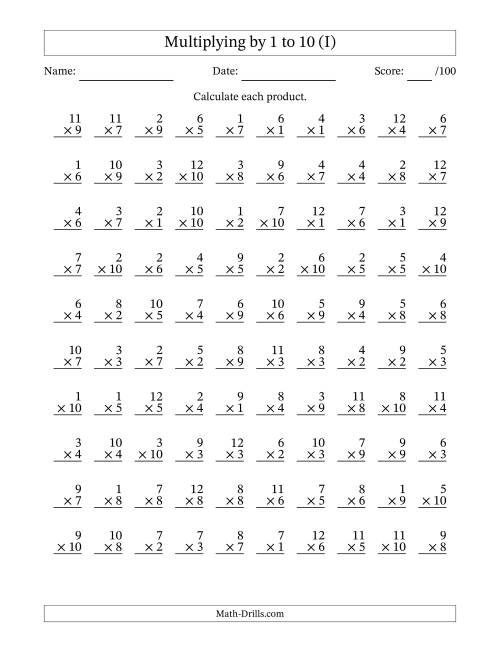 The Multiplying (1 to 12) by 1 to 10 (100 Questions) (I) Math Worksheet