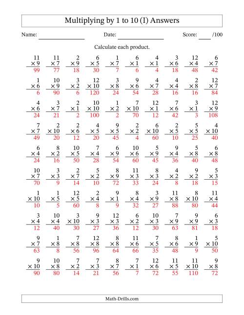 The Multiplying (1 to 12) by 1 to 10 (100 Questions) (I) Math Worksheet Page 2