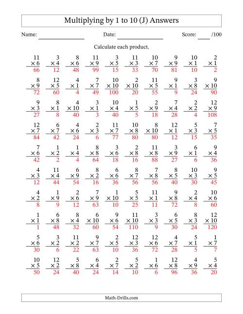 The Multiplying (1 to 12) by 1 to 10 (100 Questions) (J) Math Worksheet Page 2