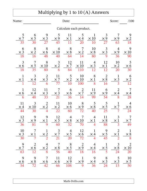 The Multiplying (1 to 12) by 1 to 10 (100 Questions) (All) Math Worksheet Page 2