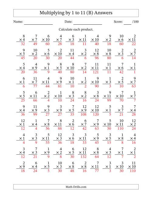 The Multiplying (1 to 12) by 1 to 11 (100 Questions) (B) Math Worksheet Page 2
