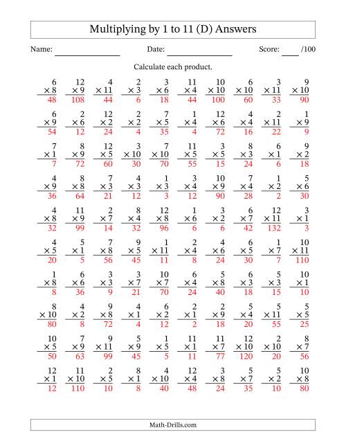 The Multiplying (1 to 12) by 1 to 11 (100 Questions) (D) Math Worksheet Page 2