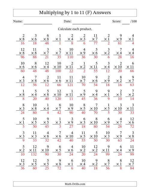 The Multiplying (1 to 12) by 1 to 11 (100 Questions) (F) Math Worksheet Page 2