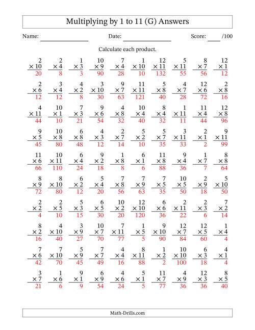 The Multiplying (1 to 12) by 1 to 11 (100 Questions) (G) Math Worksheet Page 2