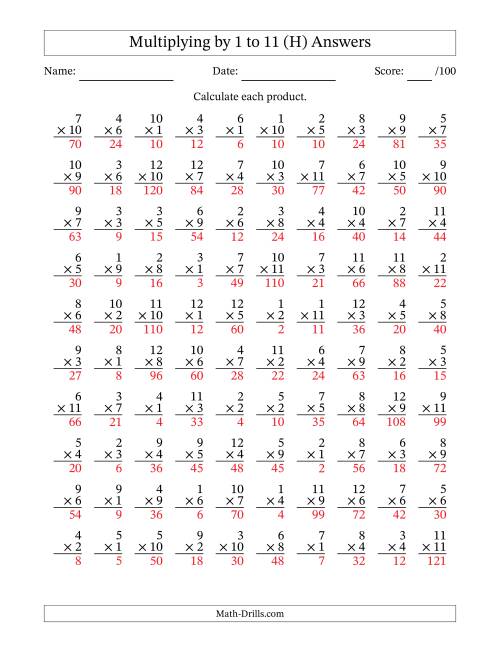 The Multiplying (1 to 12) by 1 to 11 (100 Questions) (H) Math Worksheet Page 2