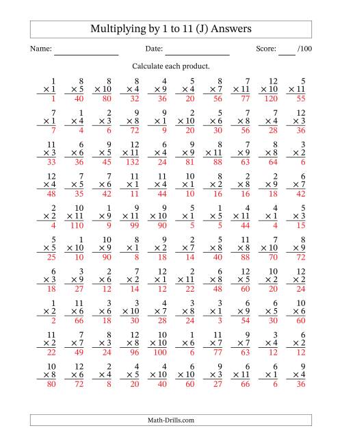 The Multiplying (1 to 12) by 1 to 11 (100 Questions) (J) Math Worksheet Page 2