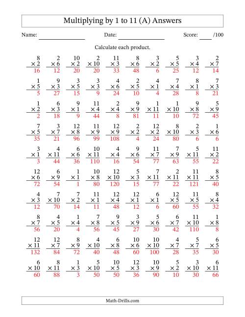 The Multiplying (1 to 12) by 1 to 11 (100 Questions) (All) Math Worksheet Page 2