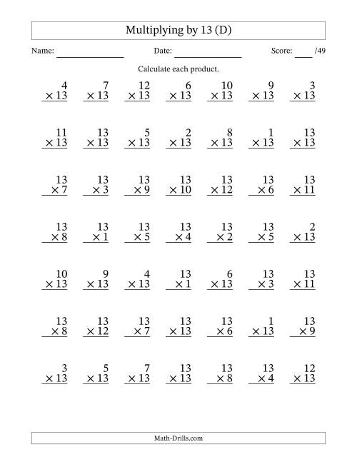 The Multiplying (1 to 13) by 13 (49 Questions) (D) Math Worksheet