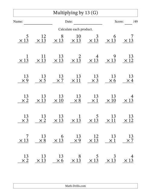 The Multiplying (1 to 13) by 13 (49 Questions) (G) Math Worksheet