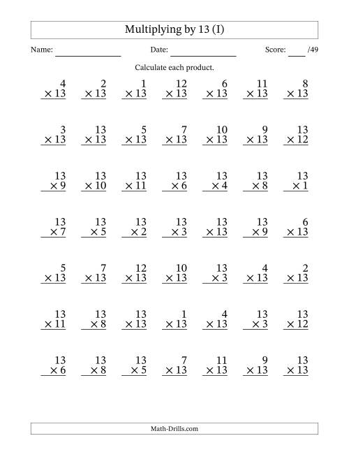 The Multiplying (1 to 13) by 13 (49 Questions) (I) Math Worksheet