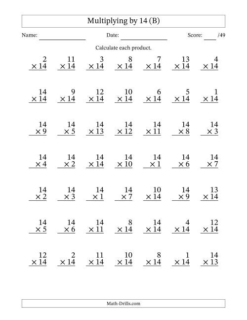 The Multiplying (1 to 14) by 14 (49 Questions) (B) Math Worksheet
