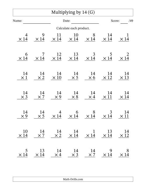 The Multiplying (1 to 14) by 14 (49 Questions) (G) Math Worksheet