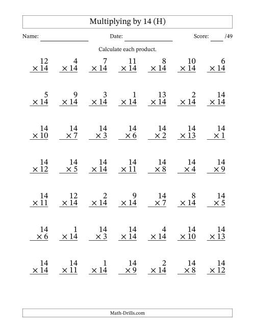 The Multiplying (1 to 14) by 14 (49 Questions) (H) Math Worksheet