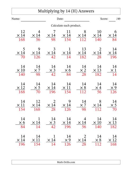 The Multiplying (1 to 14) by 14 (49 Questions) (H) Math Worksheet Page 2