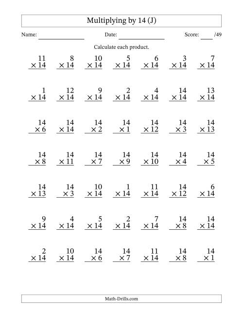 The Multiplying (1 to 14) by 14 (49 Questions) (J) Math Worksheet