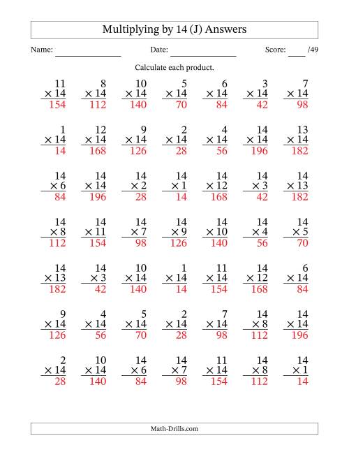 The Multiplying (1 to 14) by 14 (49 Questions) (J) Math Worksheet Page 2