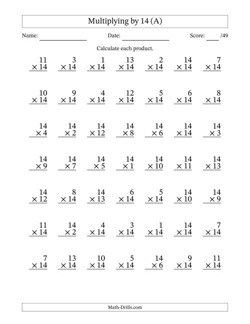The Multiplying (1 to 14) by 14 (49 Questions) (All) Math Worksheet