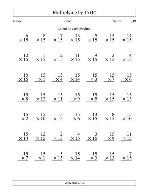 The Multiplying (1 to 15) by 15 (49 Questions) (F) Math Worksheet