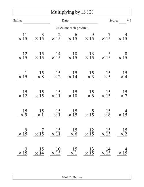 The Multiplying (1 to 15) by 15 (49 Questions) (G) Math Worksheet