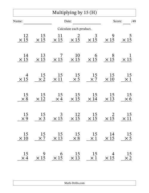 The Multiplying (1 to 15) by 15 (49 Questions) (H) Math Worksheet