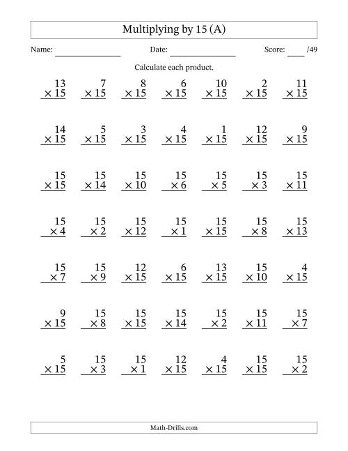 The Multiplying (1 to 15) by 15 (49 Questions) (All) Math Worksheet