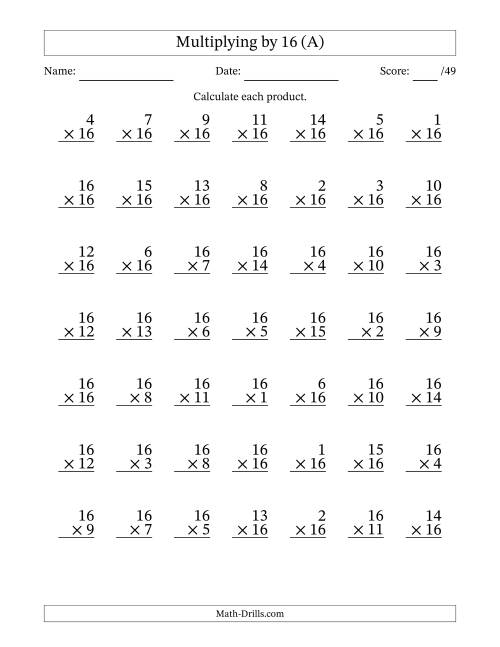 The Multiplying (1 to 16) by 16 (49 Questions) (A) Math Worksheet