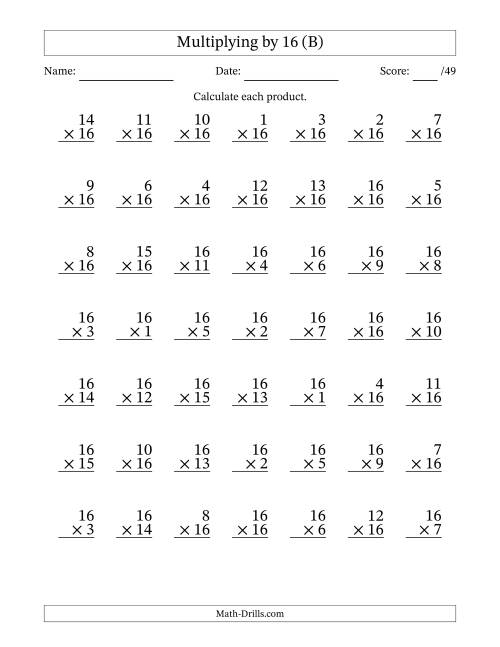 The Multiplying (1 to 16) by 16 (49 Questions) (B) Math Worksheet