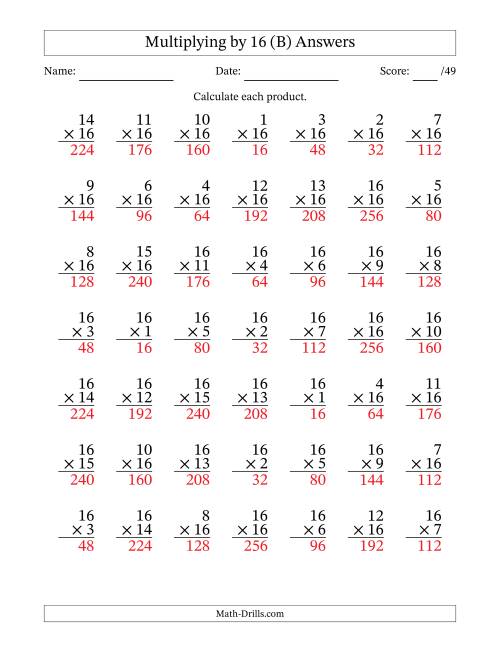 The Multiplying (1 to 16) by 16 (49 Questions) (B) Math Worksheet Page 2