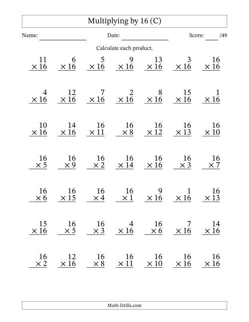 The Multiplying (1 to 16) by 16 (49 Questions) (C) Math Worksheet