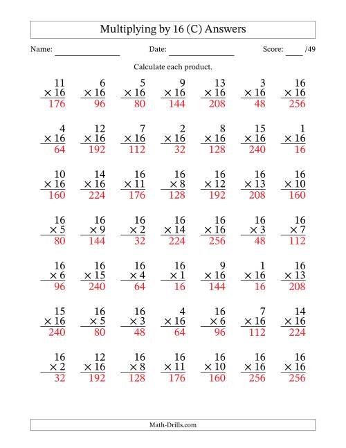 The Multiplying (1 to 16) by 16 (49 Questions) (C) Math Worksheet Page 2