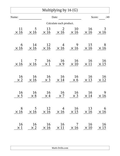 The Multiplying (1 to 16) by 16 (49 Questions) (G) Math Worksheet