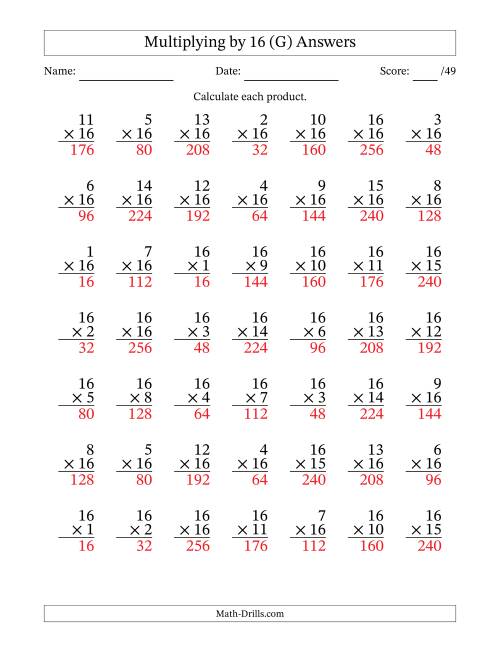 The Multiplying (1 to 16) by 16 (49 Questions) (G) Math Worksheet Page 2