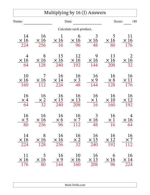 The Multiplying (1 to 16) by 16 (49 Questions) (I) Math Worksheet Page 2