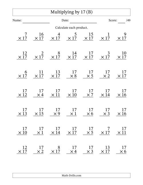 The Multiplying (1 to 17) by 17 (49 Questions) (B) Math Worksheet