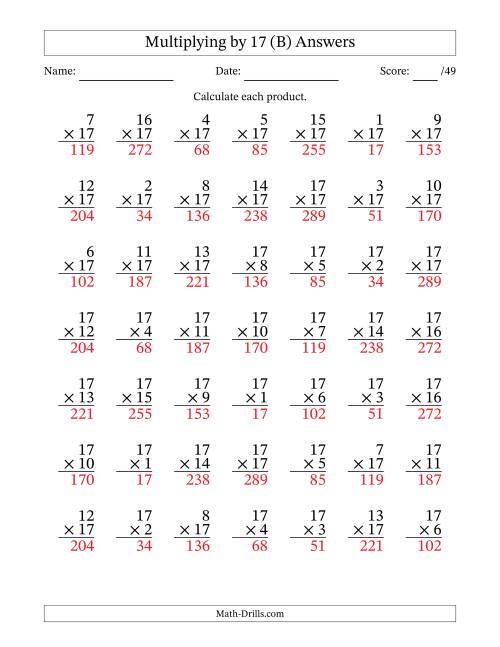 The Multiplying (1 to 17) by 17 (49 Questions) (B) Math Worksheet Page 2
