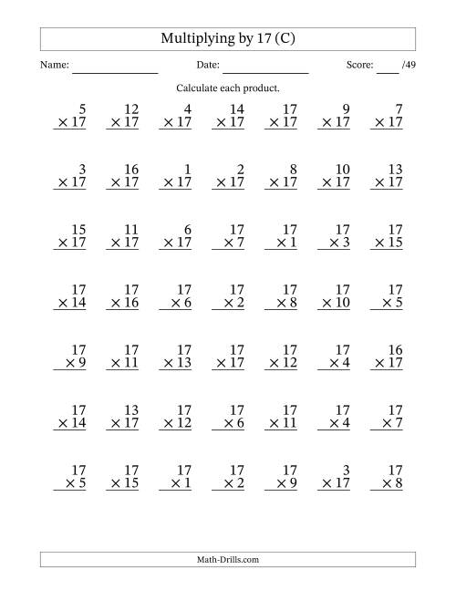 The Multiplying (1 to 17) by 17 (49 Questions) (C) Math Worksheet