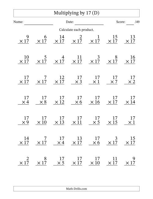 The Multiplying (1 to 17) by 17 (49 Questions) (D) Math Worksheet