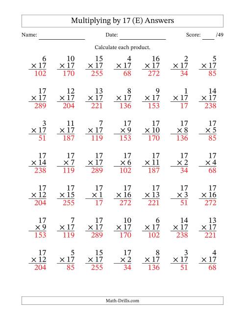 The Multiplying (1 to 17) by 17 (49 Questions) (E) Math Worksheet Page 2