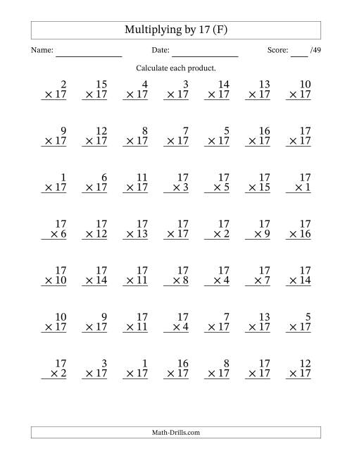 The Multiplying (1 to 17) by 17 (49 Questions) (F) Math Worksheet